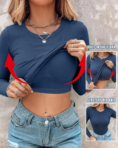 Women's Crewneck Long Sleeve Ribbed Knit Top Slim Fit Base Layer Shirt Soft Stretchy Casual Tee with Built-in Bra