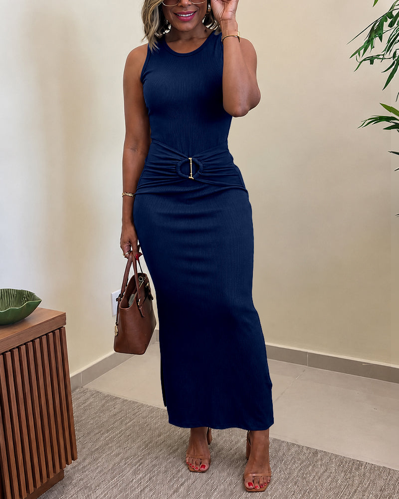 Vestido largo ajustado de punto acanalado sin mangas para mujer, con hebilla dorada, cintura alta fruncida y abertura lateral