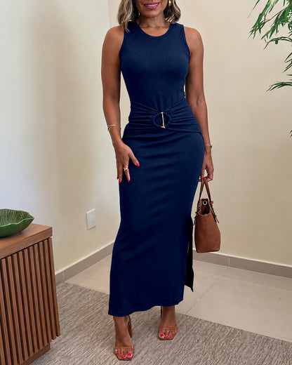 Vestido largo ajustado de punto acanalado sin mangas para mujer, con hebilla dorada, cintura alta fruncida y abertura lateral