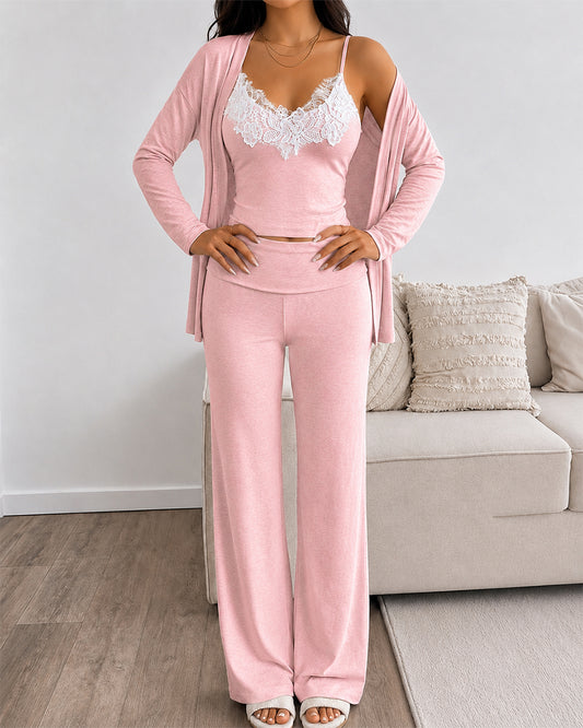 Women's 3 Piece Outfits Lace Cami Top and Long Sleeve Cardigan and Straight Leg Pants Set Casual Lounge Sleepwear Suits