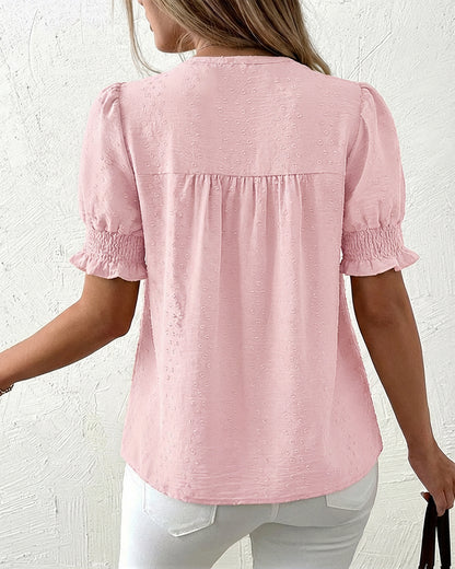Puff Sleeve Hollow-out Lace Spliced 3D Jacquard Blouse Casual Shirred Cuffs Loose Fit Top