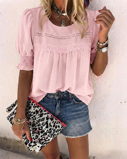 Puff Sleeve Hollow-out Lace Spliced 3D Jacquard Blouse Casual Shirred Cuffs Loose Fit Top