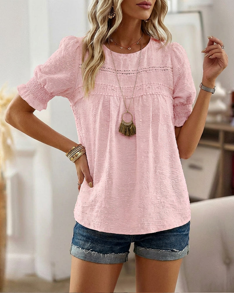 Puff Sleeve Hollow-out Lace Spliced 3D Jacquard Blouse Casual Shirred Cuffs Loose Fit Top