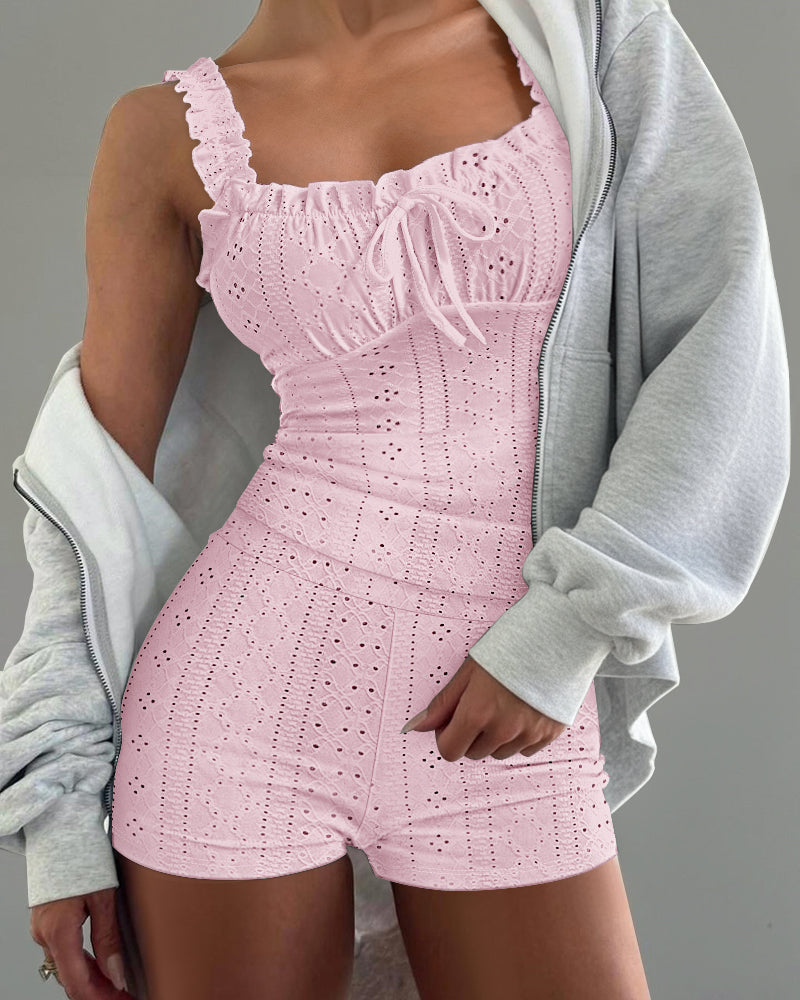 2 Pieces Outfit Square Neck Frill Straps Tied Detail Cami Top and Elastic Waist Shorts Set Slim Fit Hollow-out Jacquard Textured Knit Pajamas Set