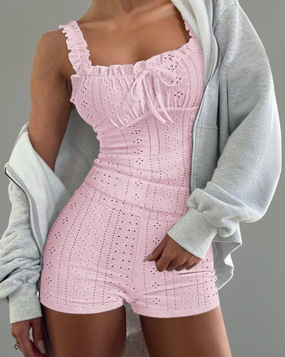 2 Pieces Outfit Square Neck Frill Straps Tied Detail Cami Top and Elastic Waist Shorts Set Slim Fit Hollow-out Jacquard Textured Knit Pajamas Set