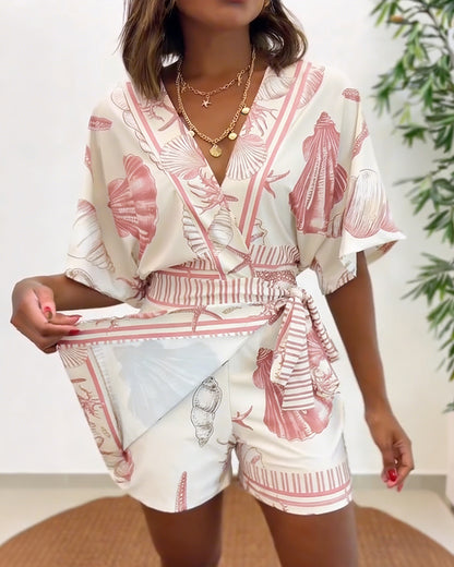 Starfish & Seashell Print Overlap V Neck Half Sleeve Wrap Knot Side Romper Casual Stretchy Back Waist Vacation Romper