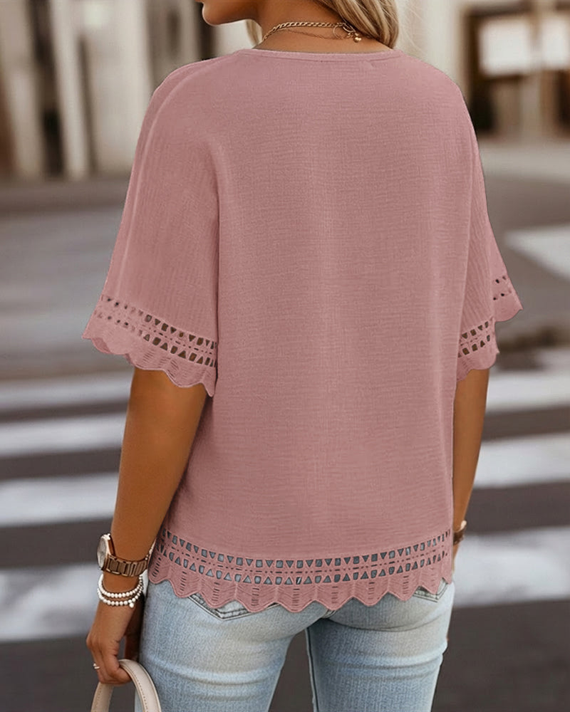 Short Sleeve Hollow-out Pattern Spliced Scallop Hem Versatile Tee Casual Minimalist Loose Fit Top