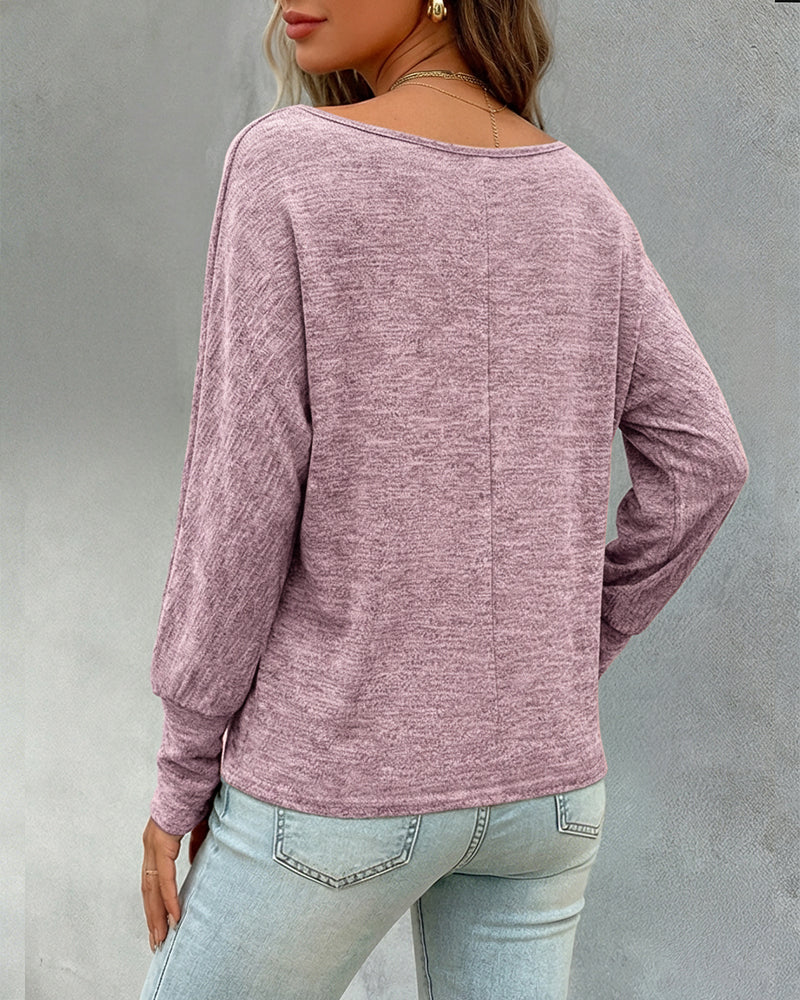 Women's Convertible Shoulder Batwing Sleeve Top Long Sleeve Loose Fit Casual Knit Tee