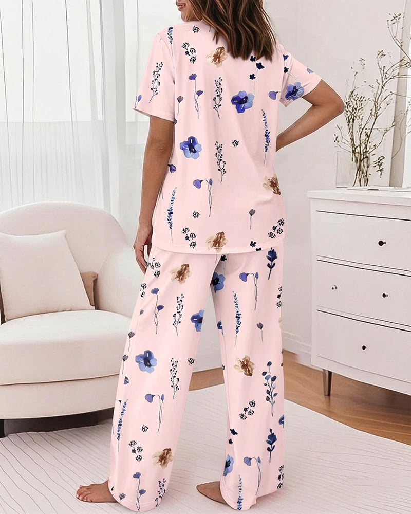 2 Pieces Outfit Round Neck Short Sleeve Top and Elastic Waist Pants Set Casual Watercolor Floral Print Pajamas Set