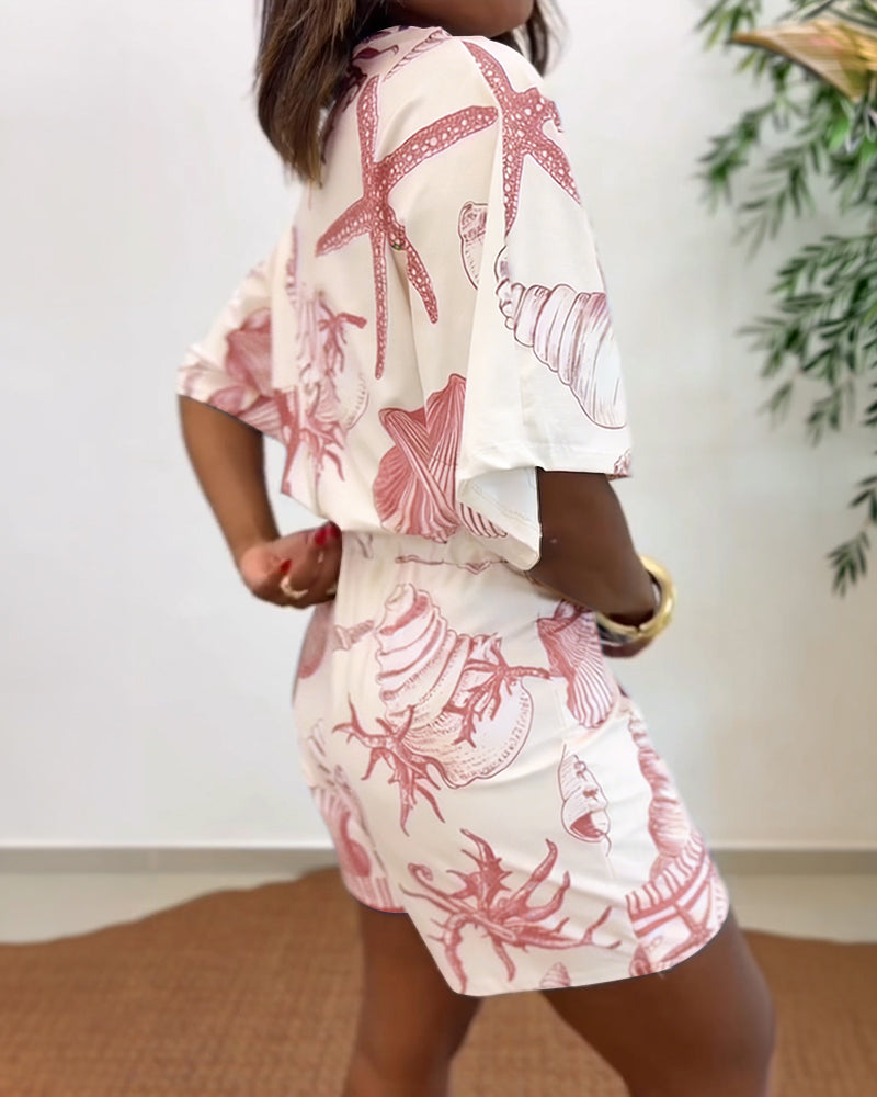 Starfish & Seashell Print Overlap V Neck Half Sleeve Wrap Knot Side Romper Casual Stretchy Back Waist Vacation Romper