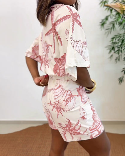 Starfish & Seashell Print Overlap V Neck Half Sleeve Wrap Knot Side Romper Casual Stretchy Back Waist Vacation Romper