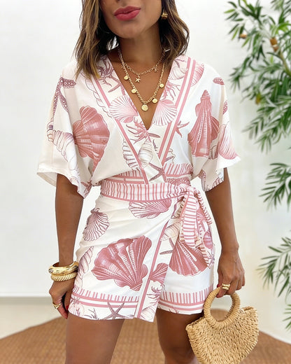 Starfish & Seashell Print Overlap V Neck Half Sleeve Wrap Knot Side Romper Casual Stretchy Back Waist Vacation Romper