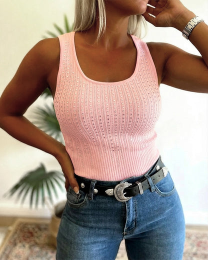Rhinestone Decor U-Neck Sleeveless Tee Slim Fit Backless Ribbed Tank Top