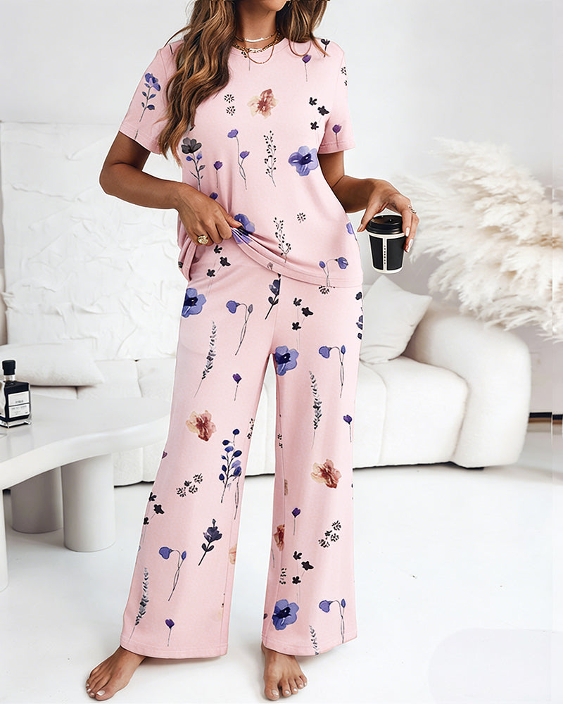 2 Pieces Outfit Round Neck Short Sleeve Top and Elastic Waist Pants Set Casual Watercolor Floral Print Pajamas Set
