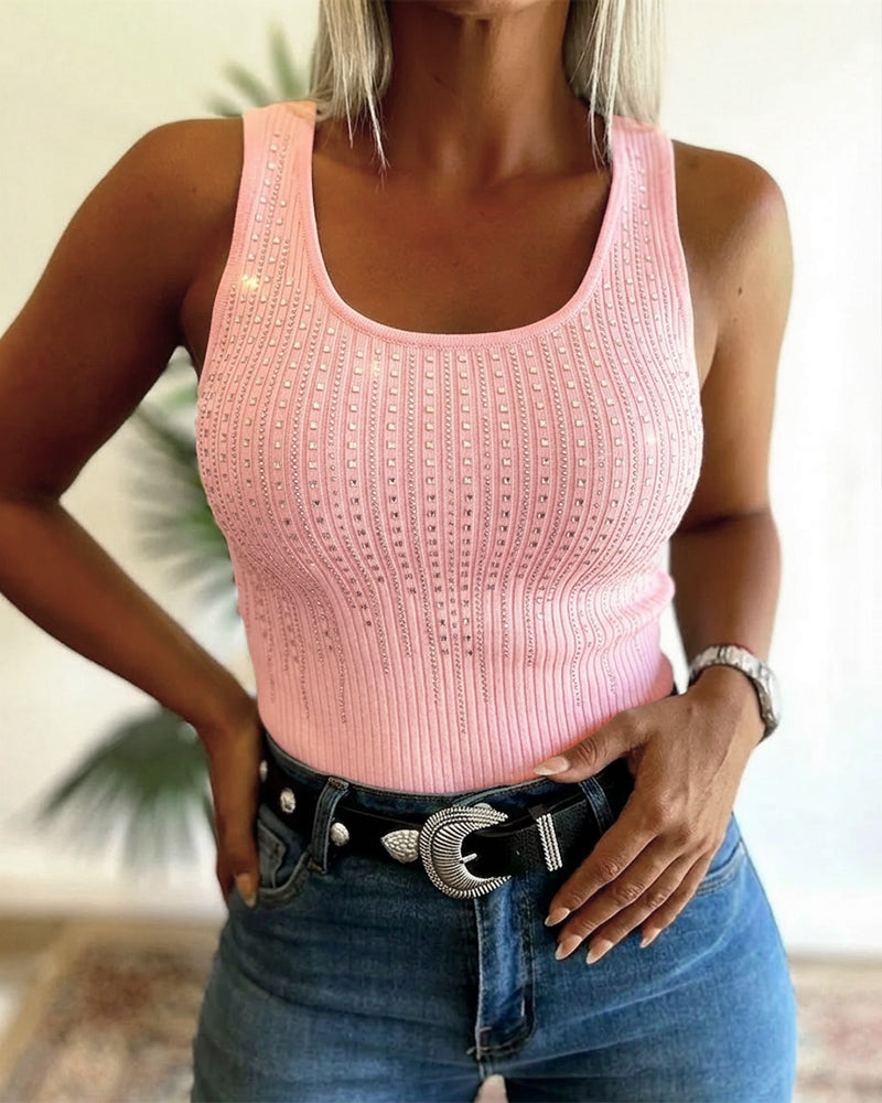 Rhinestone Decor U-Neck Sleeveless Tee Slim Fit Backless Ribbed Tank Top
