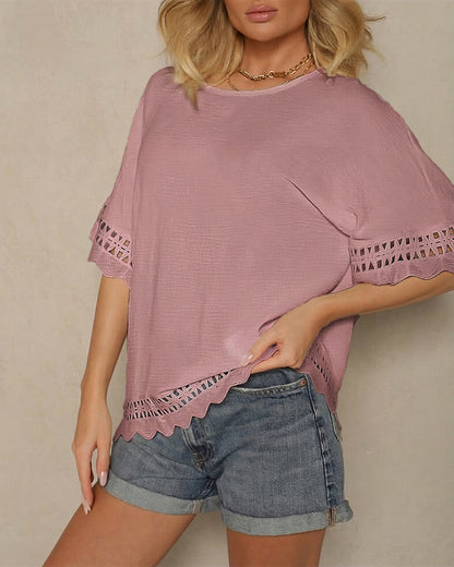 Short Sleeve Hollow-out Pattern Spliced Scallop Hem Versatile Tee Casual Minimalist Loose Fit Top
