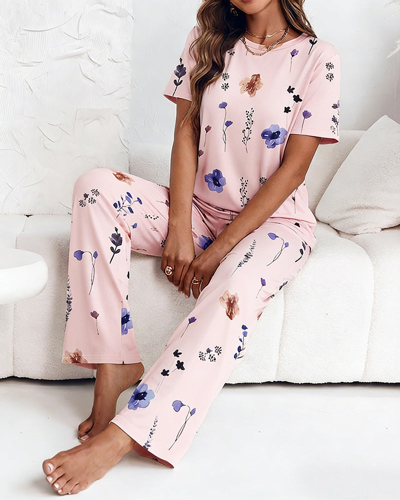 2 Pieces Outfit Round Neck Short Sleeve Top and Elastic Waist Pants Set Casual Watercolor Floral Print Pajamas Set