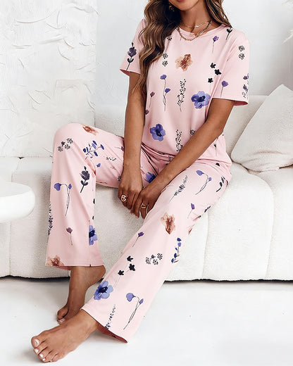2 Pieces Outfit Round Neck Short Sleeve Top and Elastic Waist Pants Set Casual Watercolor Floral Print Pajamas Set