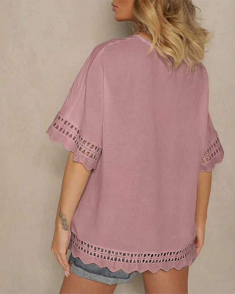 Short Sleeve Hollow-out Pattern Spliced Scallop Hem Versatile Tee Casual Minimalist Loose Fit Top