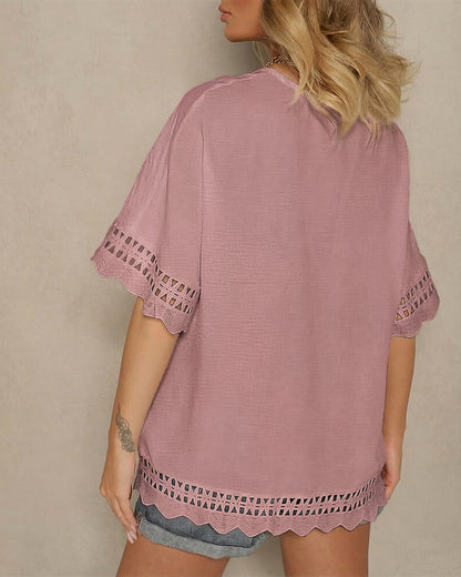 Short Sleeve Hollow-out Pattern Spliced Scallop Hem Versatile Tee Casual Minimalist Loose Fit Top