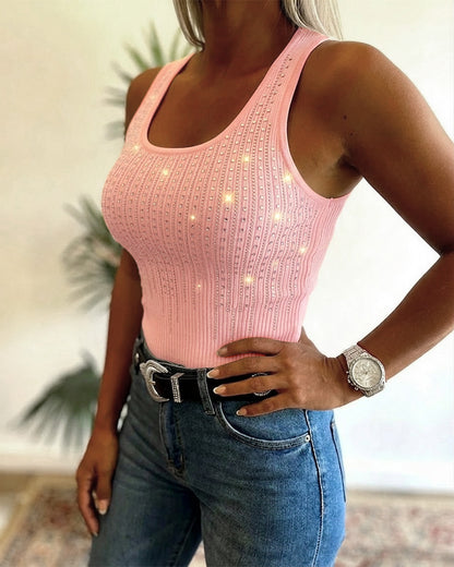 Rhinestone Decor U-Neck Sleeveless Tee Slim Fit Backless Ribbed Tank Top