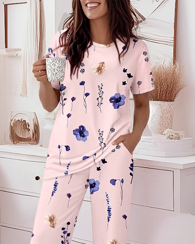 2 Pieces Outfit Round Neck Short Sleeve Top and Elastic Waist Pants Set Casual Watercolor Floral Print Pajamas Set