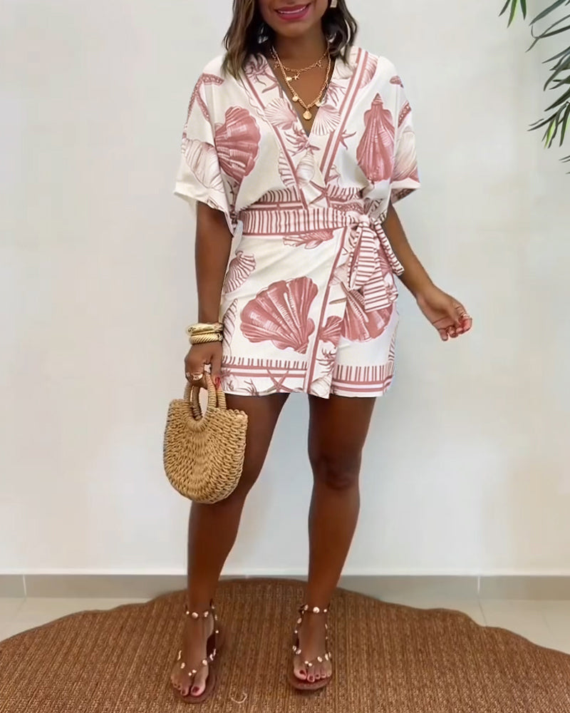 Starfish & Seashell Print Overlap V Neck Half Sleeve Wrap Knot Side Romper Casual Stretchy Back Waist Vacation Romper