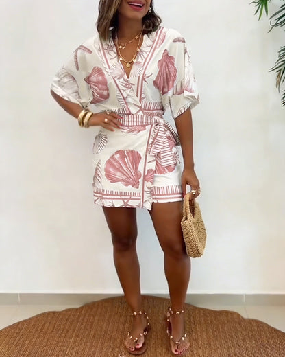 Starfish & Seashell Print Overlap V Neck Half Sleeve Wrap Knot Side Romper Casual Stretchy Back Waist Vacation Romper