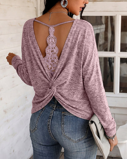 Women's Long Sleeve Knit Top Backless Twist Lace Panel Casual Tee