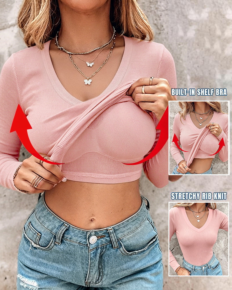 Women's V Neck Long Sleeve Ribbed Knit Top Slim Fit Base Layer Shirt Soft Stretchy Casual Tee with Built-in Bra