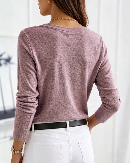 Women's V-Neck Button Decor Knit Top Long Sleeve Slimming Tee with Chest Pocket Casual Soft Pullover