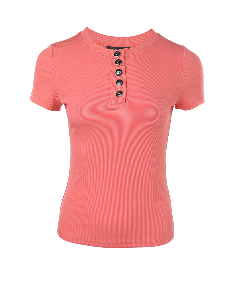 Women's Henley Short Sleeve Top Slim Fit Ribbed Knit Casual T-Shirt