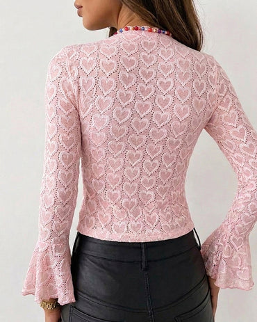 CHICME Women's Heart Jacquard Knit Top Mock Neck Long Sleeve Flare Cuff Slim Fit Blouse with Frill Trim and Hollow-out Details