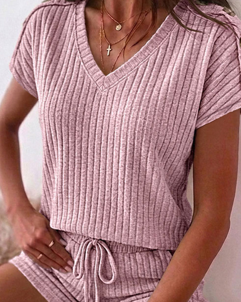 Women's Ribbed Knit 2 Piece Outfits V Neck Short Sleeve Top and Drawstring Shorts Set Casual Lounge Suits with Pockets