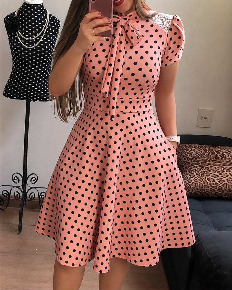 Women's Polka Dot A Line Dress Vintage Tie Neck Puff Sleeve Lace Patchwork Commuting Dress with Pockets