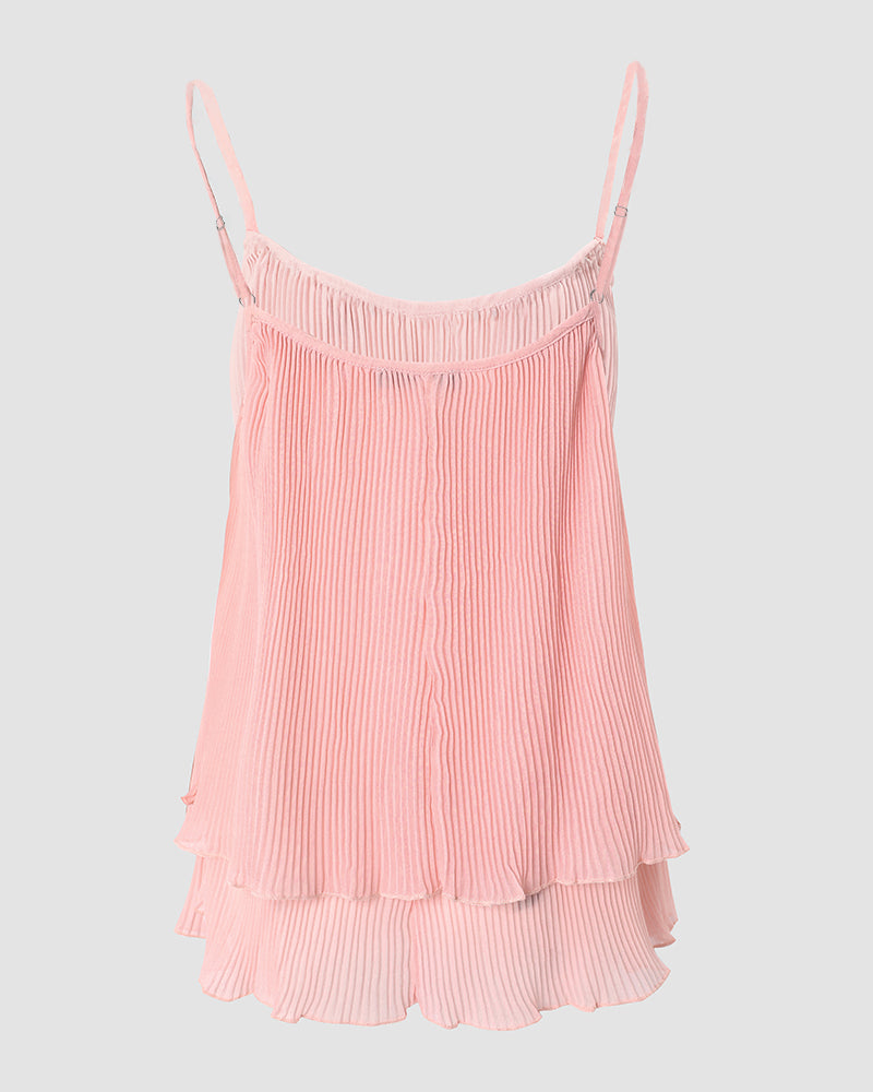 Women's Pleated Cami Top Pearls Decor Spaghetti Strap Tank Layered Ruffle Hem Flowy Sleeveless Chiffon Top