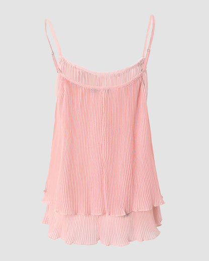 Women's Pleated Cami Top Pearls Decor Spaghetti Strap Tank Layered Ruffle Hem Flowy Sleeveless Chiffon Top