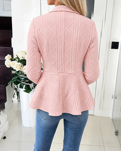 Women's Argyle Cable Knit Jacket Elegant Lapel Collar Gold Button Down Cardigan Ruffle Hem Long Sleeve Coat