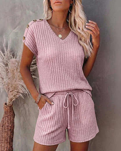 Women's Ribbed Knit 2 Piece Outfits V Neck Short Sleeve Top and Drawstring Shorts Set Casual Lounge Suits with Pockets