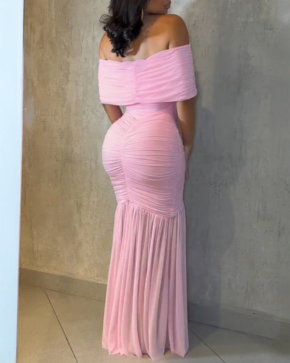 Foldover Off Shoulder Ruched Cinched Waist Minimalist Evening Dress Slim Fit Mermaid Hem Party Dress