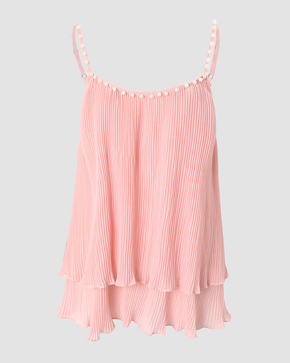 Women's Pleated Cami Top Pearls Decor Spaghetti Strap Tank Layered Ruffle Hem Flowy Sleeveless Chiffon Top