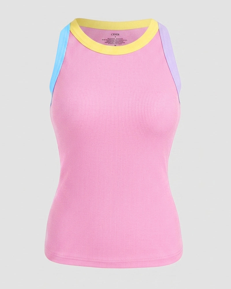 Women's Contrast Binding Tank Top Ribbed Knit Sleeveless Scoop Neck Slim Fit Camisole Top with Built-in Bra