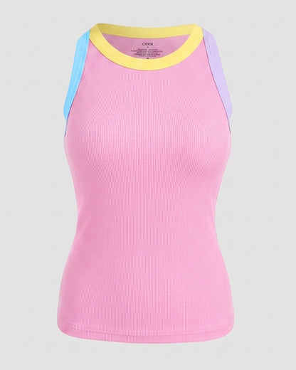 Women's Contrast Binding Tank Top Ribbed Knit Sleeveless Scoop Neck Slim Fit Camisole Top with Built-in Bra