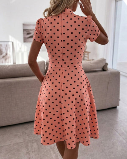 Women's Polka Dot A Line Dress Vintage Tie Neck Puff Sleeve Lace Patchwork Commuting Dress with Pockets