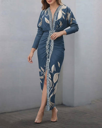 Plants Placement Print Contrast Paneled Deep V-Neck Batwing Sleeve Front Slit Dress Ruched Cinched Waist Vacation Dress