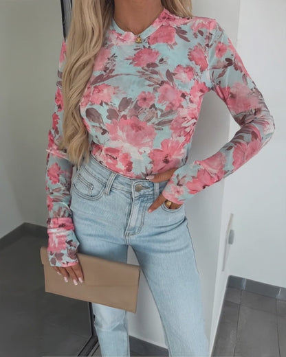 Watercolor Floral Print O-neck Long Sleeve Mesh Tee Slim Fit Semi Sheer Layering Top with Thumb Hole Cuffs