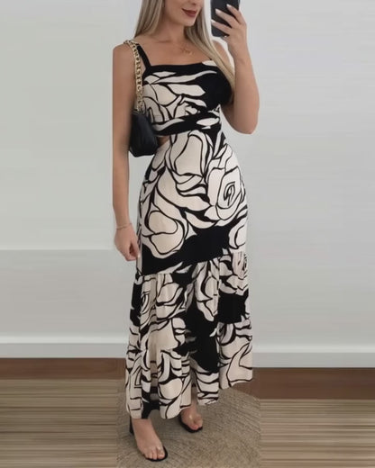 Floral Print Adjustable Straps Cutout Waist Shirred Backless Maxi Dress Casual Elastic Back Waist Ruffle Hem Vacation Dress