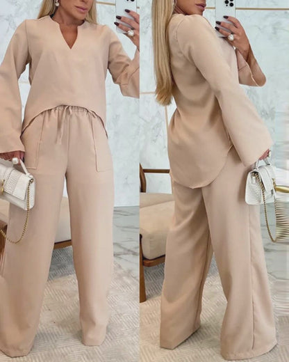 2 Piece Notch Neck Long Sleeve Asymmetrical Hem Tops Stretchy Waist Straight Leg Pants Lounge Sets Tracksuit