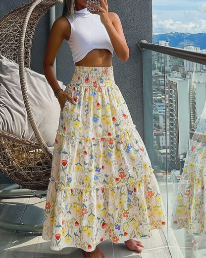 Women's High Waisted Shirred Floral Maxi Skirt Casual Ruffle Hem A-Line Skirt with Pockets