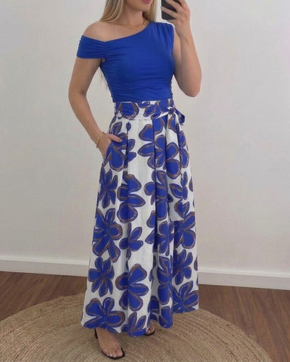 Women's 2 Piece Skirt Set Skew Neck Ruched Slim Fit Top and High Waisted Floral Print A Line Skirt with Pockets